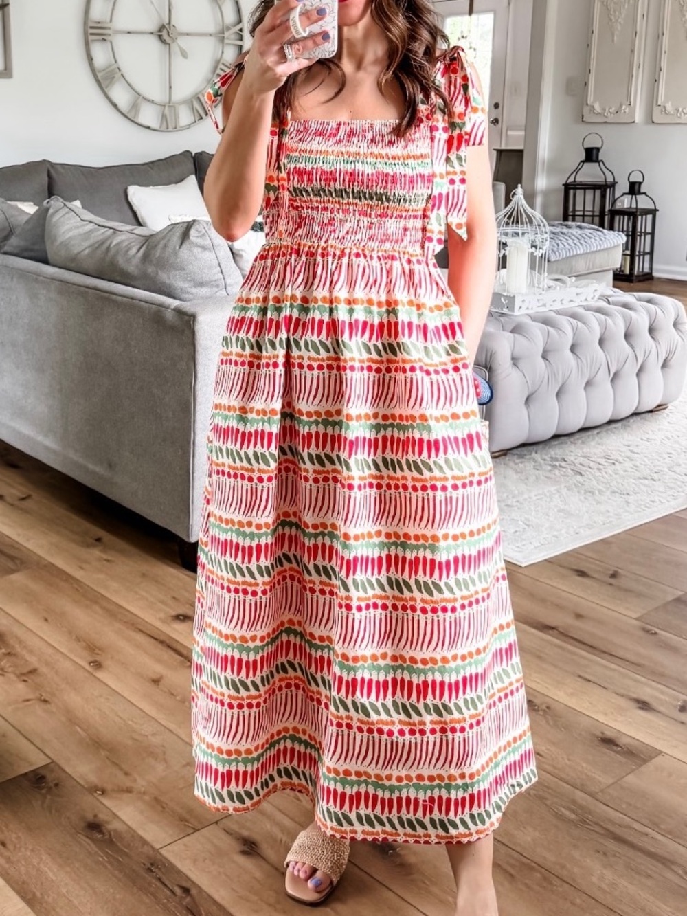 Smocked Maxi Dress with Red, Coral & Green Pattern Fully Smocked Bodice🎆